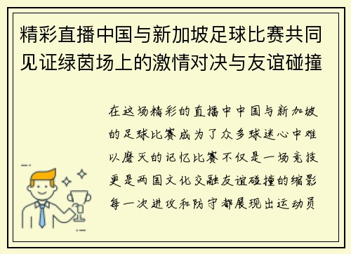 精彩直播中国与新加坡足球比赛共同见证绿茵场上的激情对决与友谊碰撞